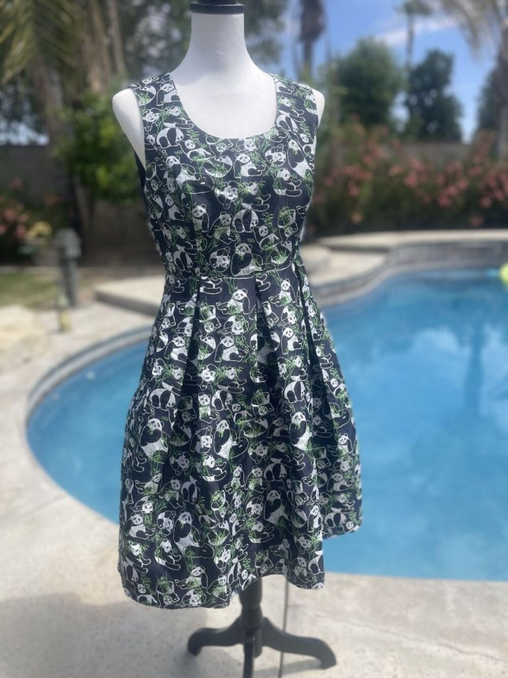 Modcloth Lace & Mesh Panda Print Bamboo Fit & Flare Dress Green Black Size M